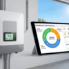 Inversor solar y app de monitorización de PuntoElectric en una tablet mostrando datos de generación y consumo en kW y kWh.