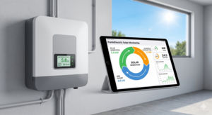 Inversor solar y app de monitorización de PuntoElectric en una tablet mostrando datos de generación y consumo en kW y kWh.