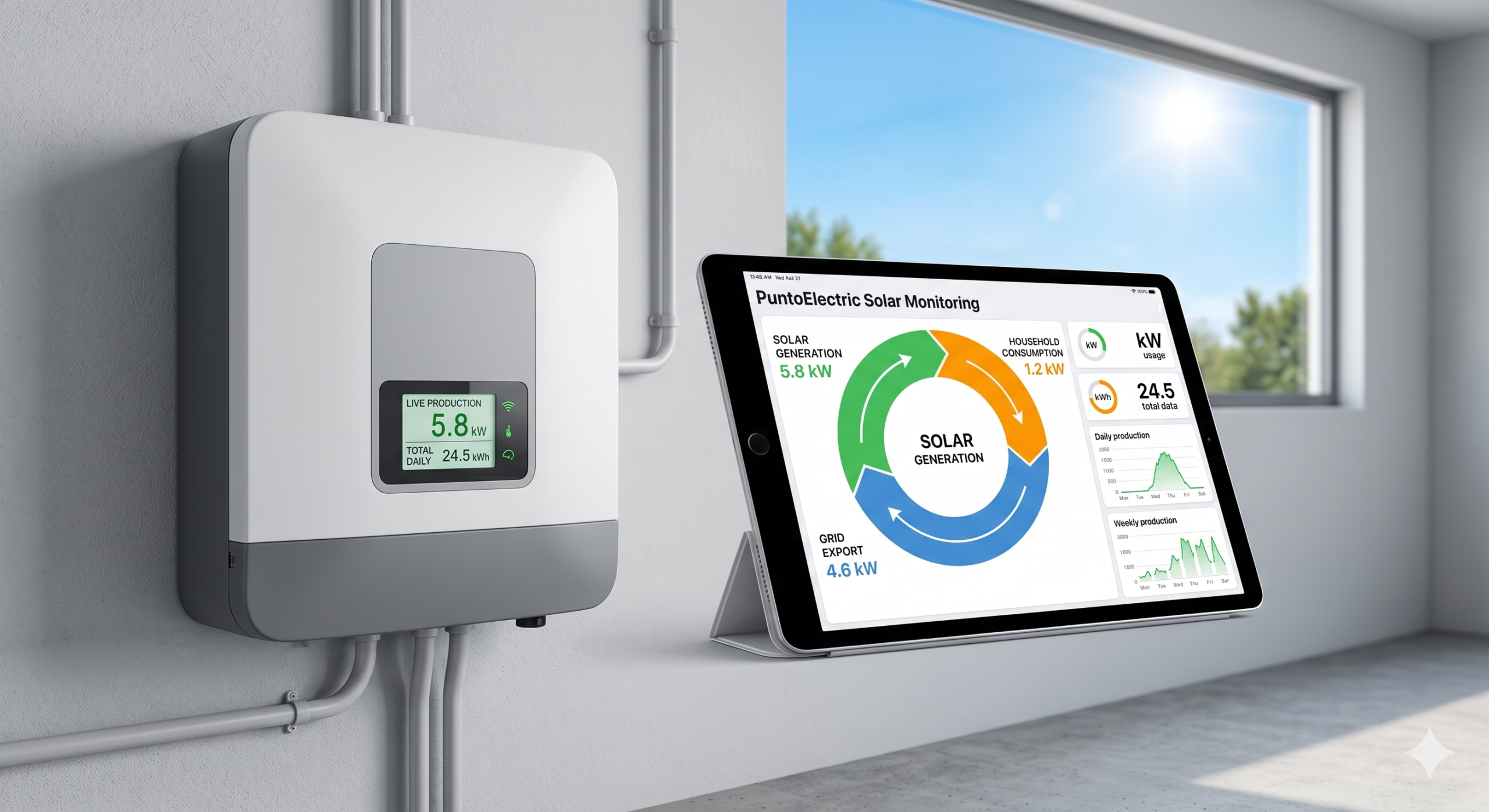 Inversor solar y app de monitorización de PuntoElectric en una tablet mostrando datos de generación y consumo en kW y kWh.