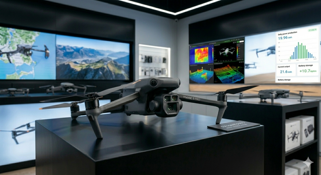 Un dron profesional DJI Mavic 3 Pro sobre un mostrador con pantallas que muestran datos técnicos y mapas de análisis aéreo de Punto Electric al fondo.