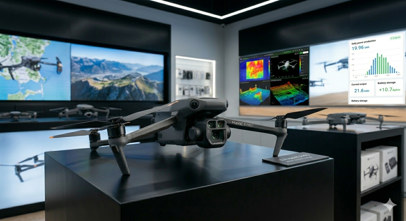 Un dron profesional DJI Mavic 3 Pro sobre un mostrador con pantallas que muestran datos técnicos y mapas de análisis aéreo de Punto Electric al fondo.