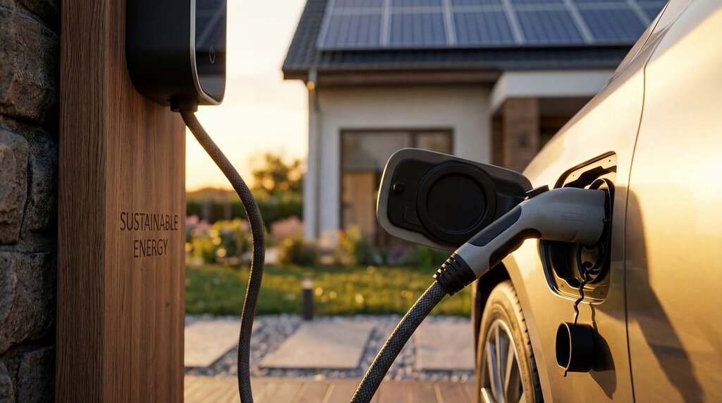 Primer plano de un coche eléctrico cargándose en un cargador de pared doméstico con una casa con paneles solares al fondo al atardecer