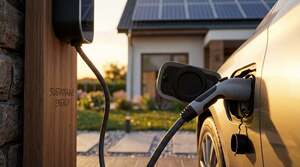 Primer plano de un coche eléctrico cargándose en un cargador de pared doméstico con una casa con paneles solares al fondo al atardecer