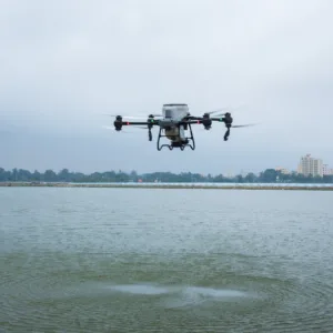 Dron agrícola DJI Agras T50 en pleno vuelo sobre el agua