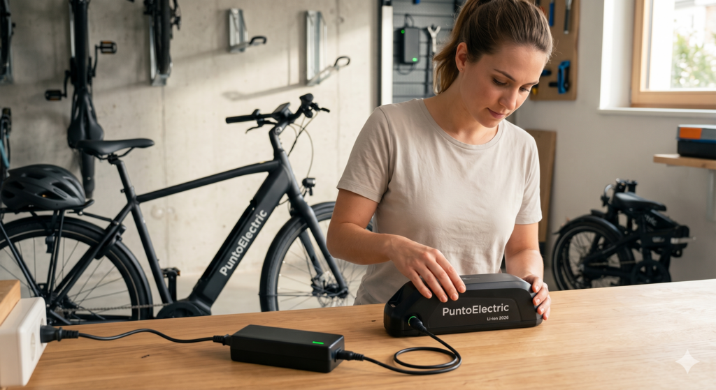 Mujer conectando el cable de carga a una batería de bicicleta eléctrica moderna de PuntoElectric sobre un banco de trabajo en un taller.