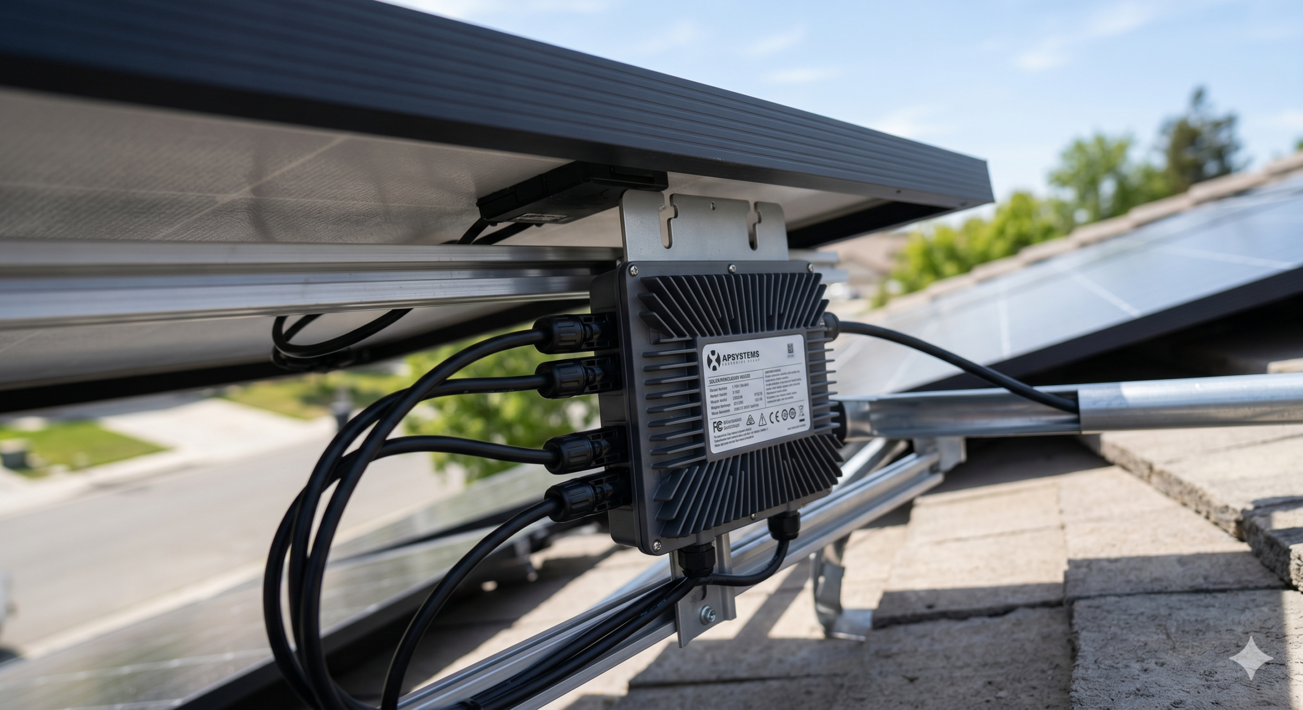Microinversor solar instalado debajo de un panel fotovoltaico en un tejado