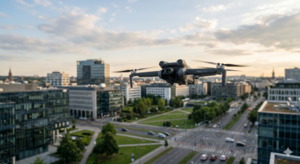 Dron compacto sub 250 gramos volando de forma estable en un entorno urbano moderno para fotografía aérea.