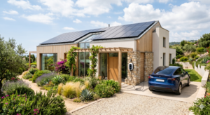 Coche eléctrico conectado a un cargador inteligente en una vivienda con paneles solares en el tejado, aprovechando la energía solar.