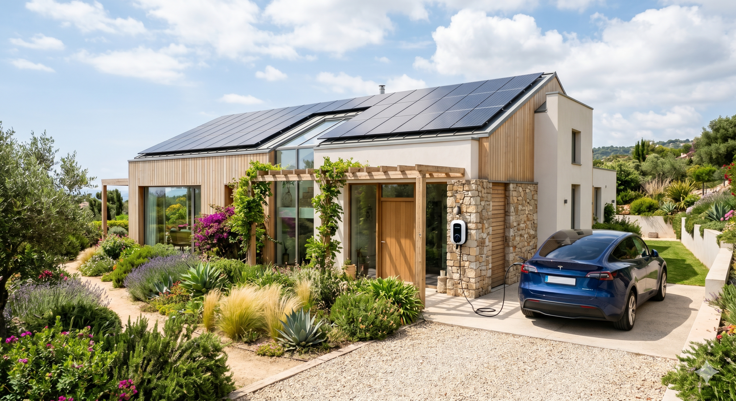 Coche eléctrico conectado a un cargador inteligente en una vivienda con paneles solares en el tejado, aprovechando la energía solar.