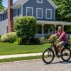 Hombre paseando en bicicleta eléctrica por una zona residencial con la batería integrada visible en el cuadro